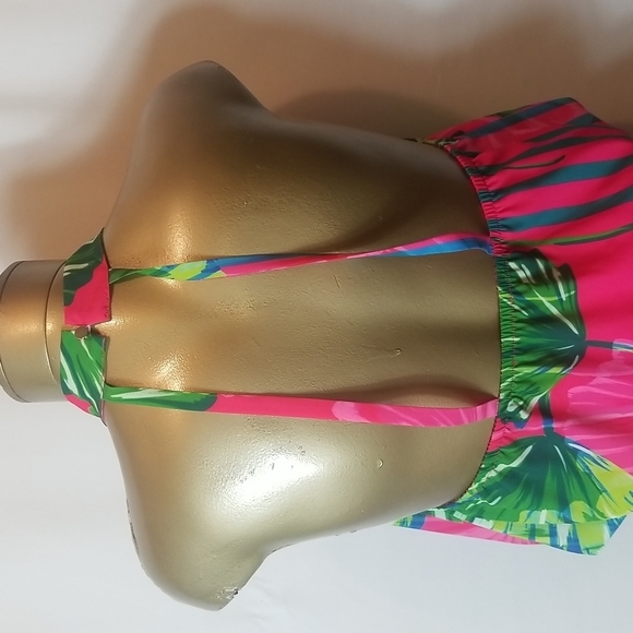 CHLOE OLIVER PINK & GREEN TROPICAL PRINT SHORT ROMPER - Picture 7 of 10